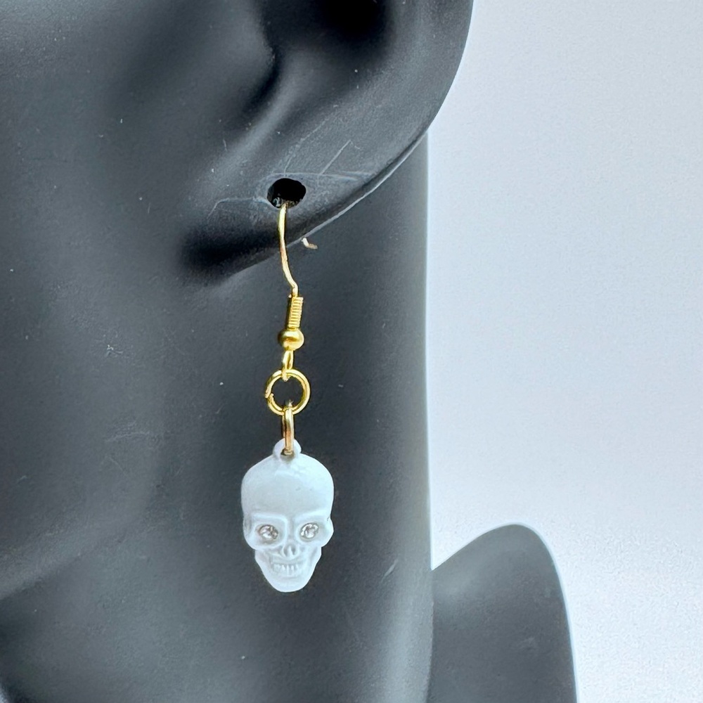 Handmade Gold and White Skull Dangle Halloween Earrings